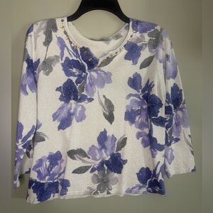 Alfred Dunner Silver Shimmer embellished purple Floral Print Sweater petite L